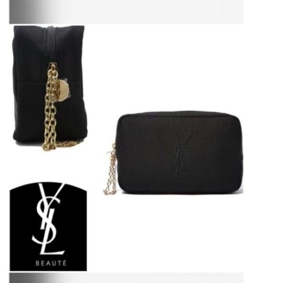 Yves Saint Laurent YSL Parfums Black Canvas Logo Wristlet/Pouch Gold Chain New - Picture 1 of 7